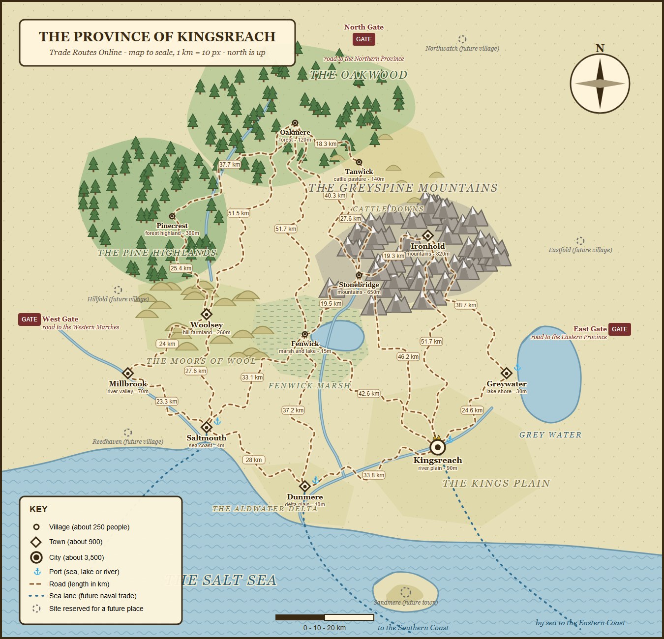 Map of the Province of Kingsreach: twelve towns joined by winding roads, with forests, mountains, rivers, lakes and the sea