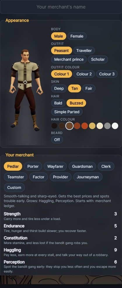 The character creation window: name, appearance with a preview, classes and trait points